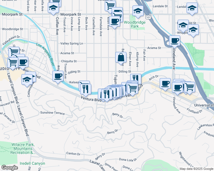 map of restaurants, bars, coffee shops, grocery stores, and more near 4055 Kraft Avenue in Los Angeles