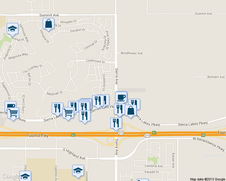 map of restaurants, bars, coffee shops, grocery stores, and more near 6185 Shoreacres Lane in Fontana
