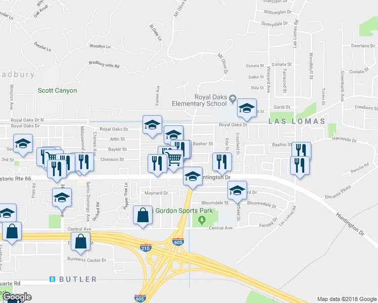 map of restaurants, bars, coffee shops, grocery stores, and more near 929 Mount Olive Drive in Duarte