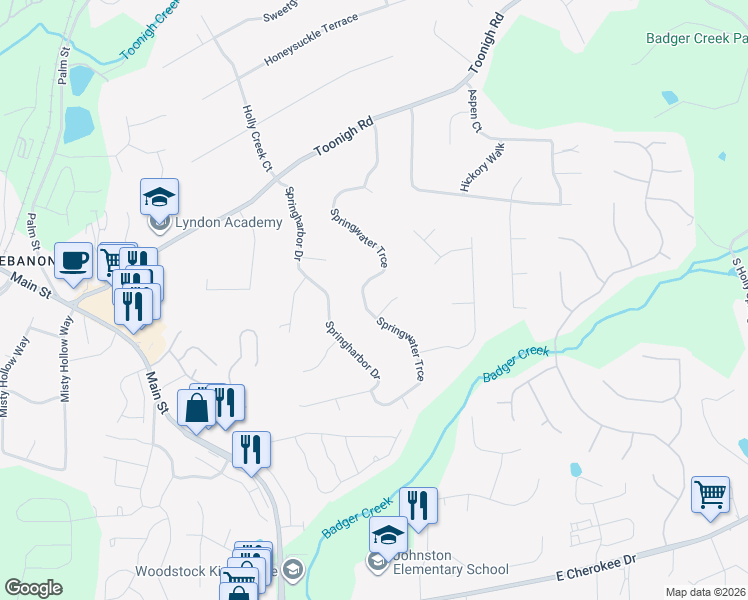 map of restaurants, bars, coffee shops, grocery stores, and more near 139 Springwater Trce in Woodstock