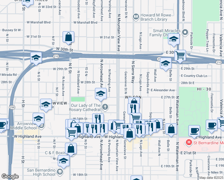 map of restaurants, bars, coffee shops, grocery stores, and more near 2751 North Pershing Avenue in San Bernardino