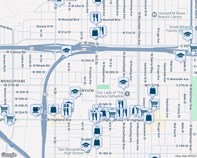map of restaurants, bars, coffee shops, grocery stores, and more near 2743 North E Street in San Bernardino