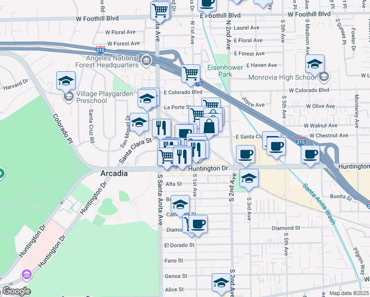 map of restaurants, bars, coffee shops, grocery stores, and more near 57 Wheeler Avenue in Arcadia