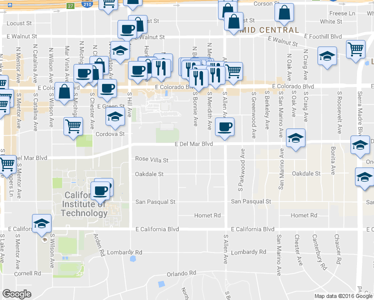 map of restaurants, bars, coffee shops, grocery stores, and more near 255 South Bonnie Avenue in Pasadena
