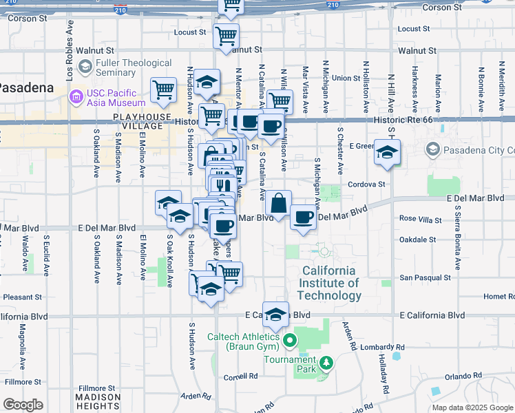 map of restaurants, bars, coffee shops, grocery stores, and more near in Pasadena