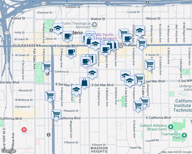 map of restaurants, bars, coffee shops, grocery stores, and more near 255 South Oakland Avenue in Pasadena