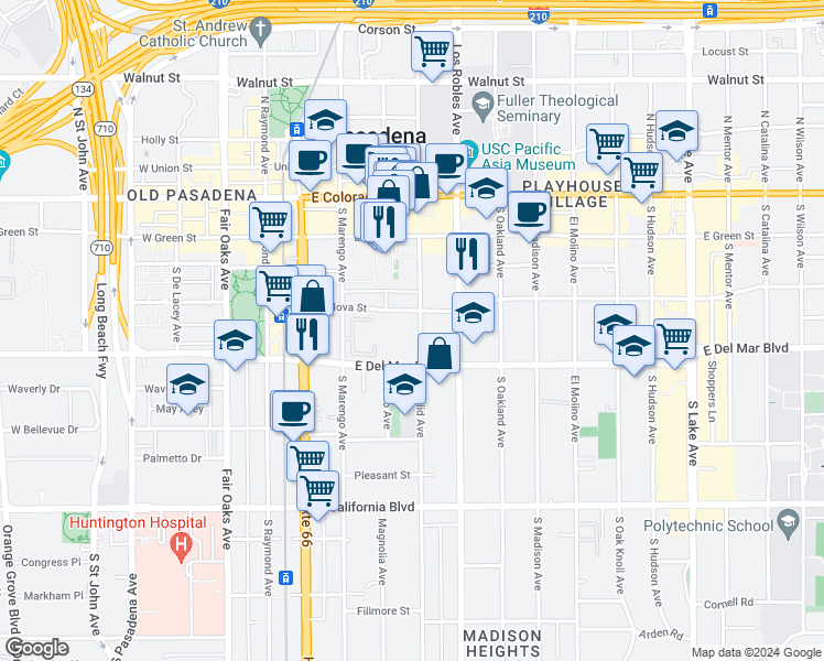 map of restaurants, bars, coffee shops, grocery stores, and more near 245 South Euclid Avenue in Pasadena