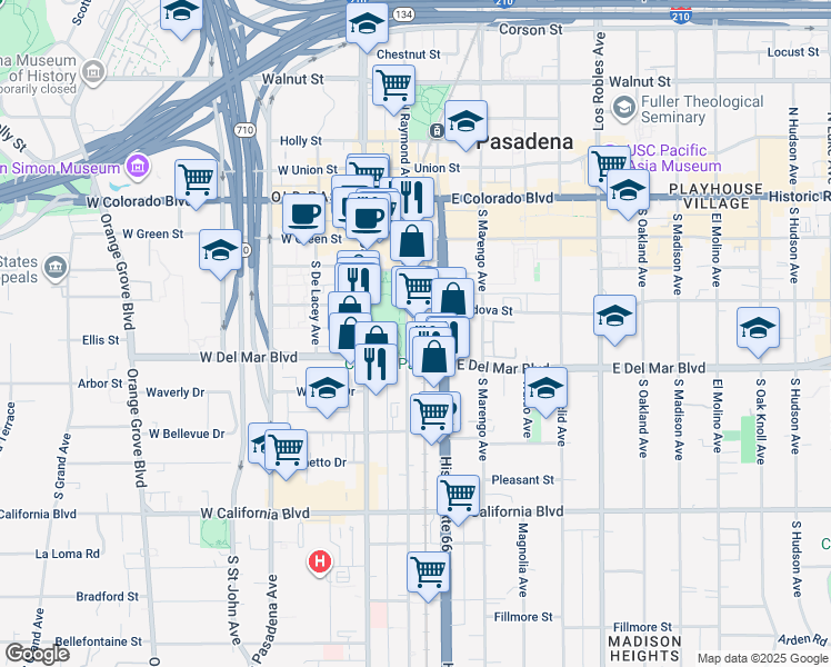 map of restaurants, bars, coffee shops, grocery stores, and more near in Pasadena