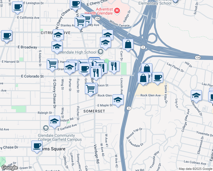 map of restaurants, bars, coffee shops, grocery stores, and more near 1502 Dixon Street in Glendale