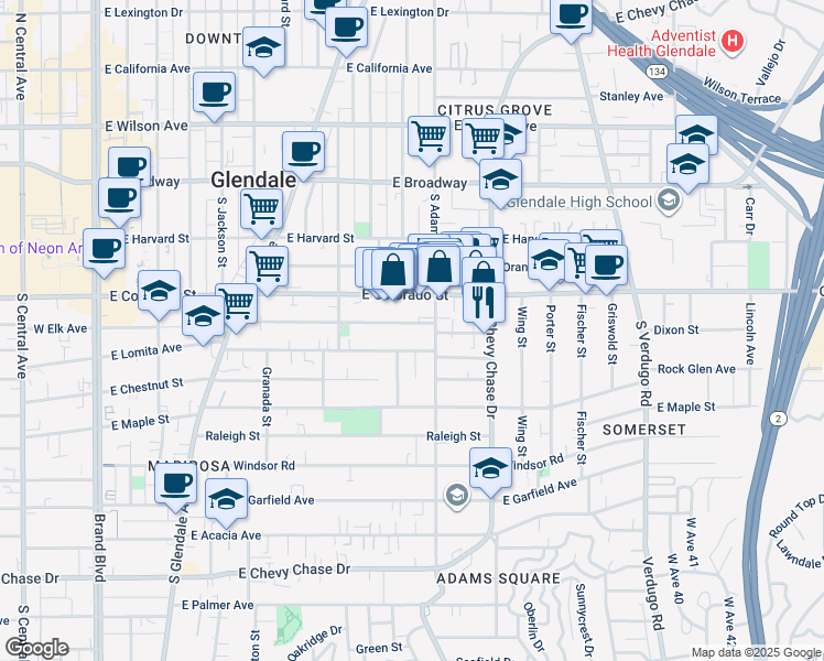 map of restaurants, bars, coffee shops, grocery stores, and more near 401 South Adams Street in Glendale