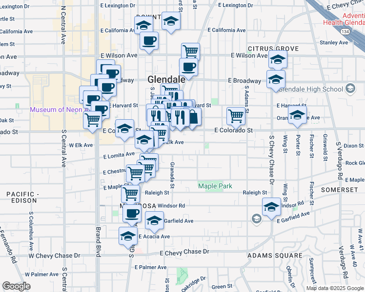 map of restaurants, bars, coffee shops, grocery stores, and more near 608 East Elk Avenue in Glendale