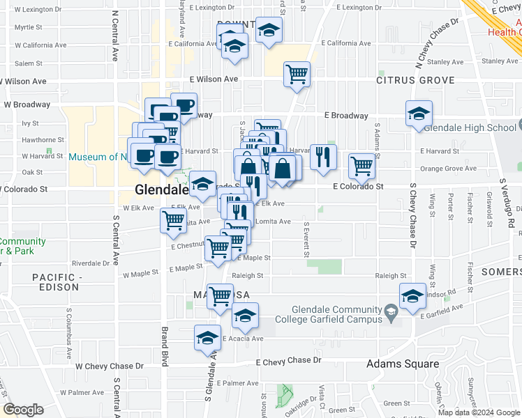 map of restaurants, bars, coffee shops, grocery stores, and more near 400 South Glendale Avenue in Glendale