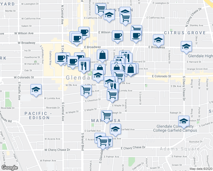 map of restaurants, bars, coffee shops, grocery stores, and more near 406 East Elk Avenue in Glendale