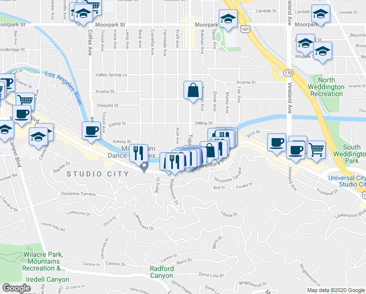 map of restaurants, bars, coffee shops, grocery stores, and more near 4055 Kraft Avenue in Los Angeles