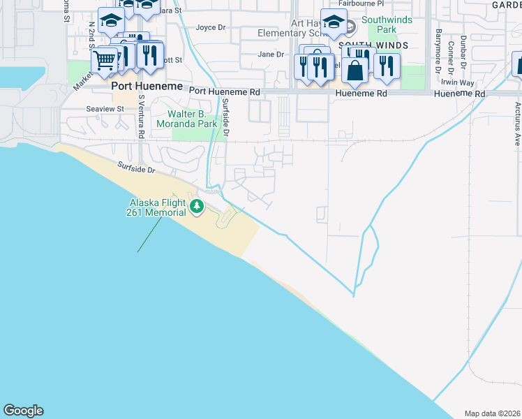 map of restaurants, bars, coffee shops, grocery stores, and more near 751 Reef Circle in Port Hueneme