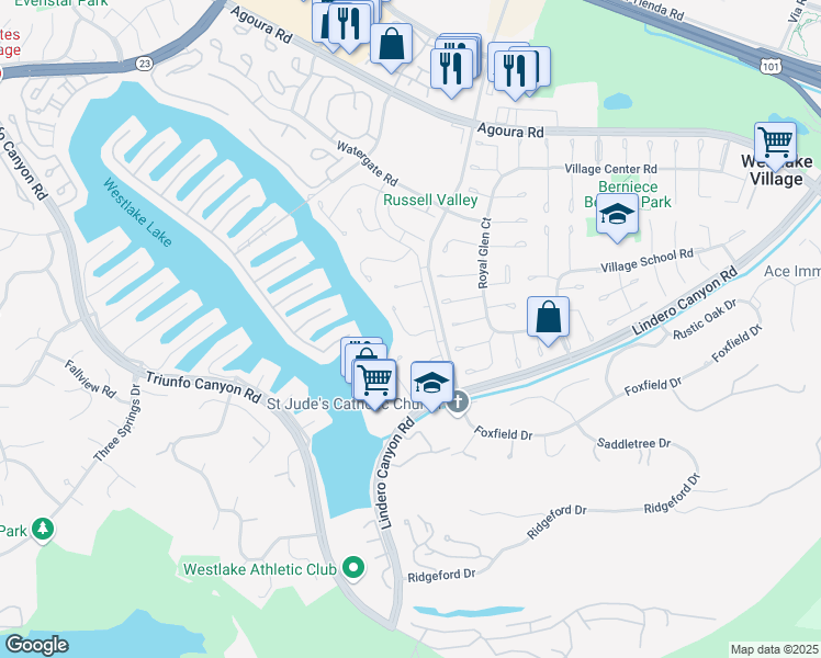 map of restaurants, bars, coffee shops, grocery stores, and more near 32127 Beachlake Lane in Westlake Village