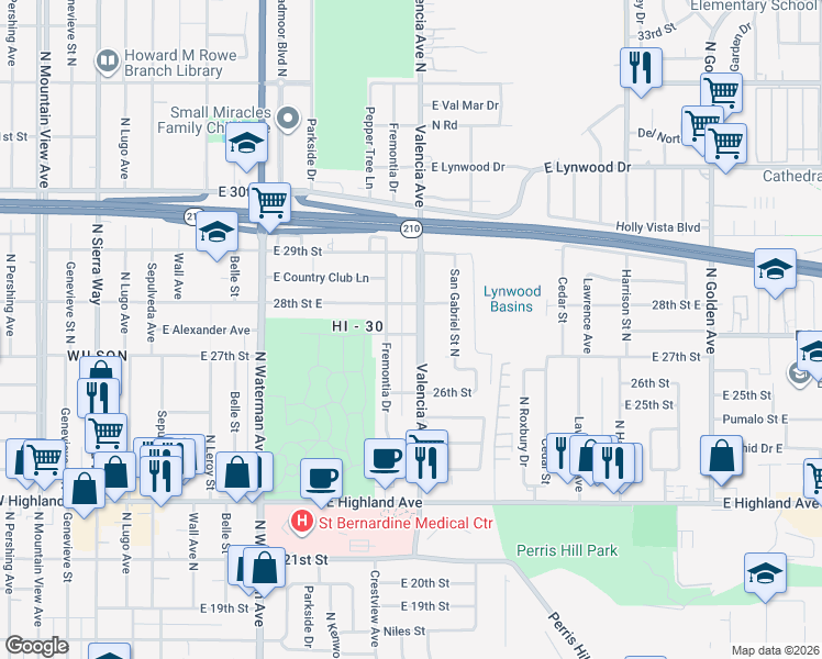 map of restaurants, bars, coffee shops, grocery stores, and more near 2754 Valencia Avenue in San Bernardino