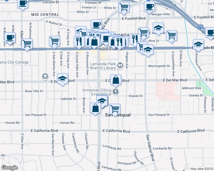 map of restaurants, bars, coffee shops, grocery stores, and more near 2428 East Del Mar Boulevard in Pasadena