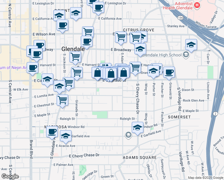 map of restaurants, bars, coffee shops, grocery stores, and more near 914 East Elk Avenue in Glendale