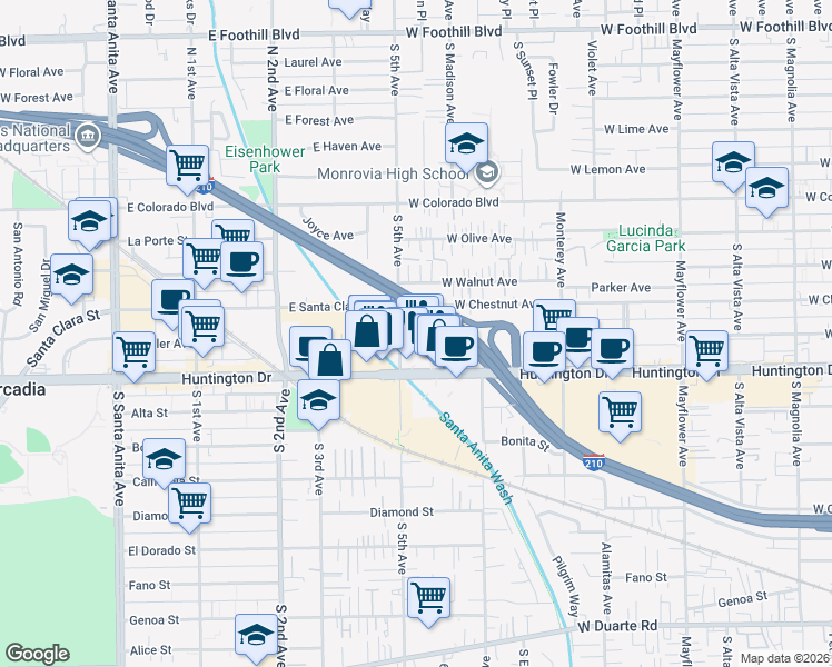 map of restaurants, bars, coffee shops, grocery stores, and more near 930 South 5th Avenue in Monrovia