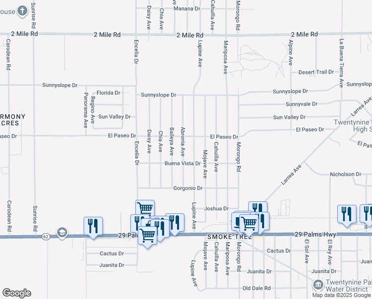 map of restaurants, bars, coffee shops, grocery stores, and more near 6143 Abronia Avenue in Twentynine Palms