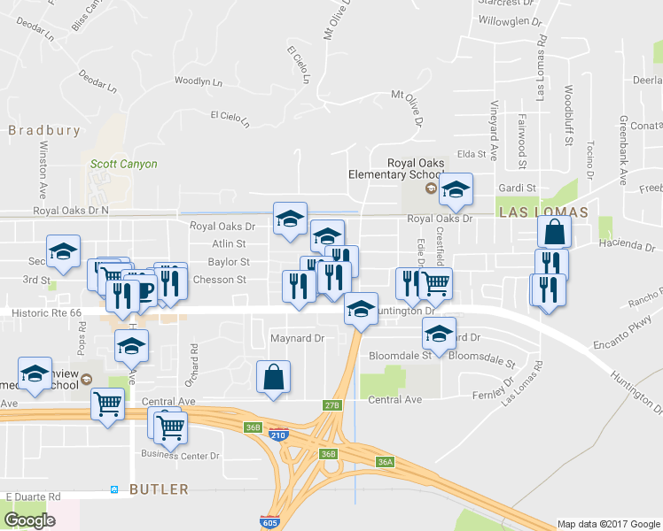 map of restaurants, bars, coffee shops, grocery stores, and more near 856 Random Lane in Duarte