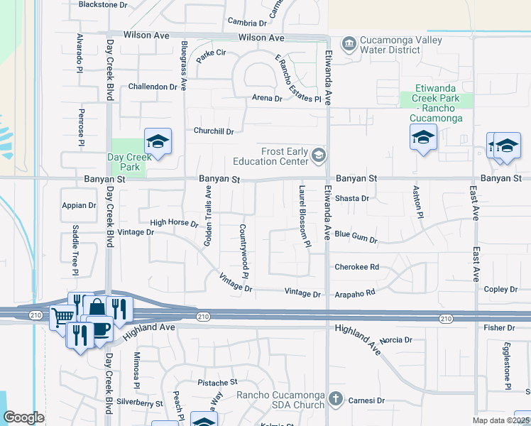 map of restaurants, bars, coffee shops, grocery stores, and more near 6197 Greenwood Place in Rancho Cucamonga
