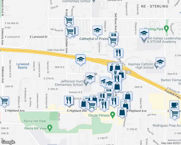 map of restaurants, bars, coffee shops, grocery stores, and more near 2703 North Fairfax Drive in San Bernardino