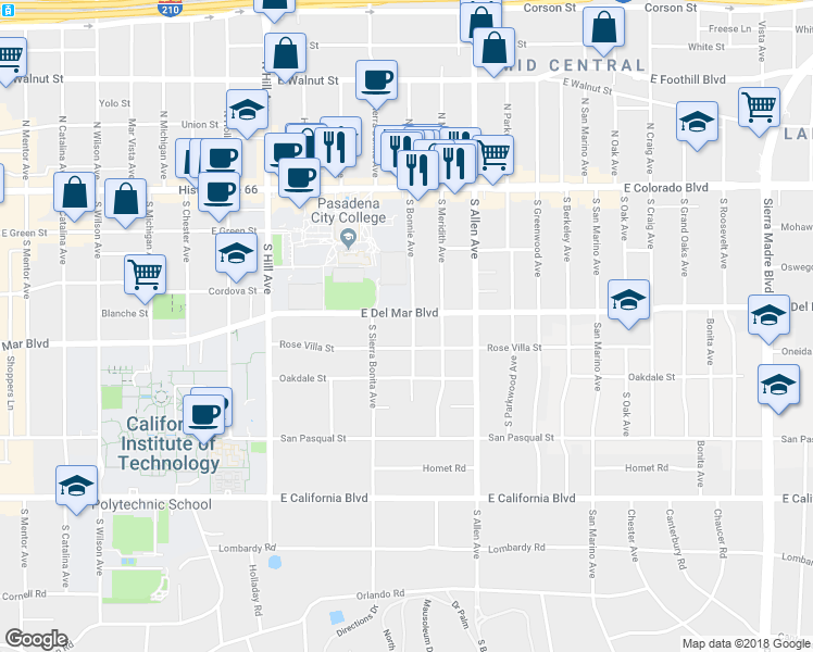 map of restaurants, bars, coffee shops, grocery stores, and more near 255 South Bonnie Avenue in Pasadena