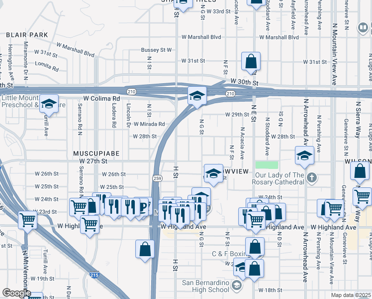 map of restaurants, bars, coffee shops, grocery stores, and more near 2748 North Crescent Avenue in San Bernardino
