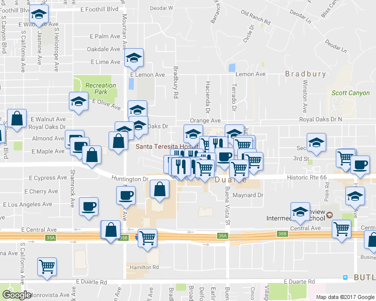 map of restaurants, bars, coffee shops, grocery stores, and more near 1124 Carmelita Circle in Monrovia