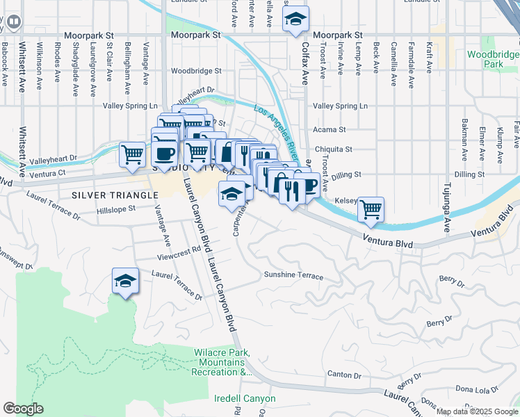map of restaurants, bars, coffee shops, grocery stores, and more near 11847 Laurelwood Drive in Los Angeles