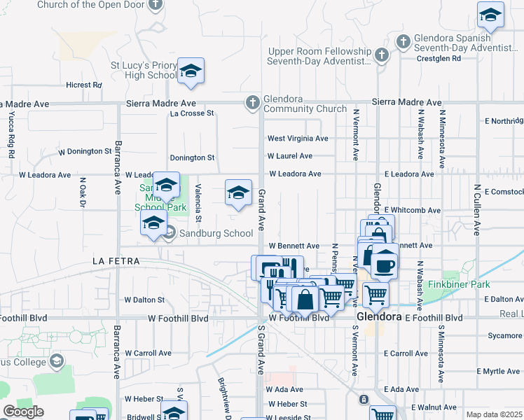 map of restaurants, bars, coffee shops, grocery stores, and more near 404 North Grand Avenue in Glendora