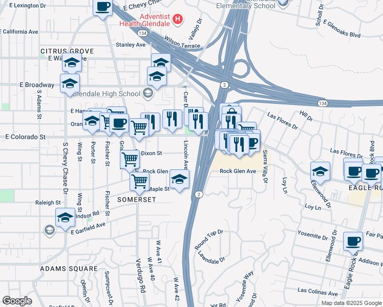 map of restaurants, bars, coffee shops, grocery stores, and more near 404 Lincoln Avenue in Glendale