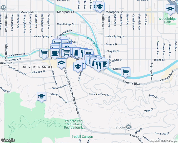 map of restaurants, bars, coffee shops, grocery stores, and more near 11837 Laurelwood Drive in Los Angeles
