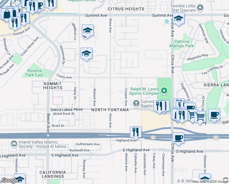 map of restaurants, bars, coffee shops, grocery stores, and more near 6189 Knox Avenue in Fontana