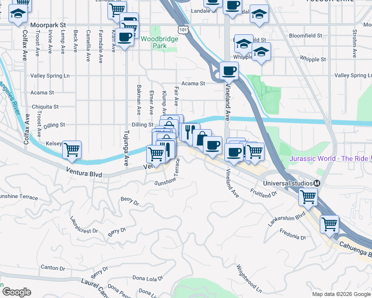 map of restaurants, bars, coffee shops, grocery stores, and more near Ventura Boulevard in Los Angeles