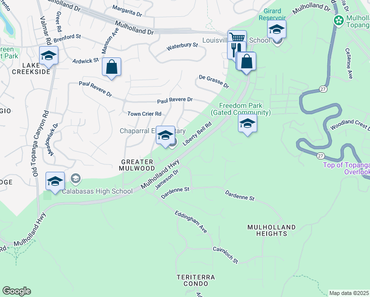 map of restaurants, bars, coffee shops, grocery stores, and more near 22534 Liberty Bell Road in Calabasas
