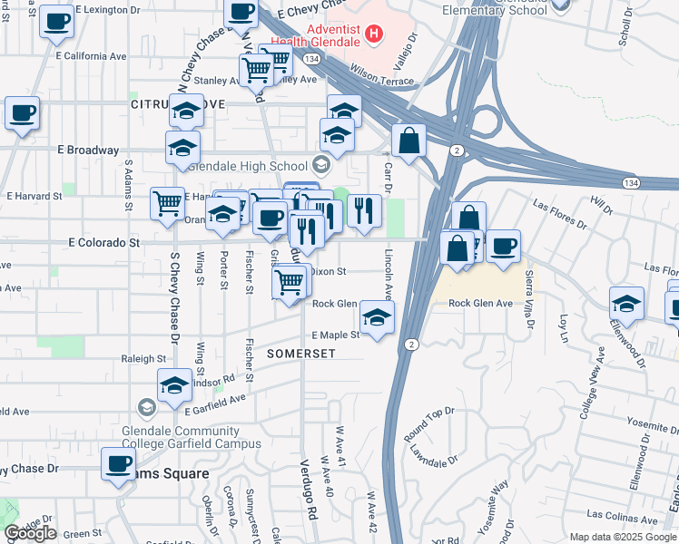 map of restaurants, bars, coffee shops, grocery stores, and more near 601 Lafayette Street in Glendale