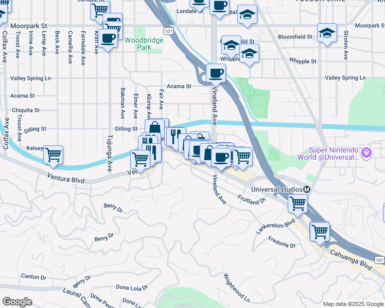 map of restaurants, bars, coffee shops, grocery stores, and more near 11117 Ventura Boulevard in Los Angeles