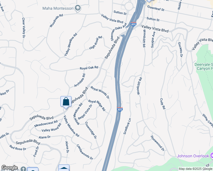 map of restaurants, bars, coffee shops, grocery stores, and more near 15605 Woodfield Place in Los Angeles