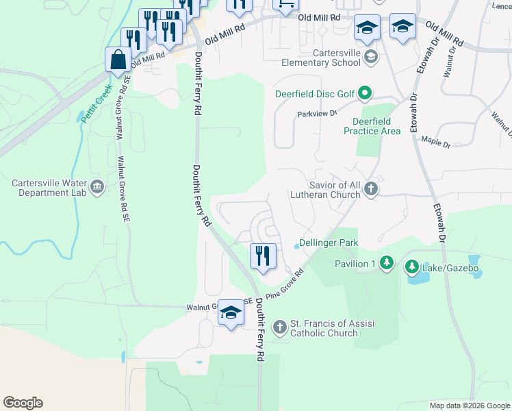 map of restaurants, bars, coffee shops, grocery stores, and more near 48 Lake Haven Drive in Cartersville