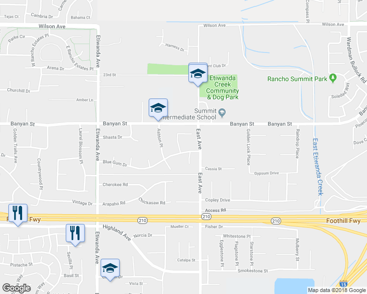 map of restaurants, bars, coffee shops, grocery stores, and more near 6205 River Birch Place in Rancho Cucamonga