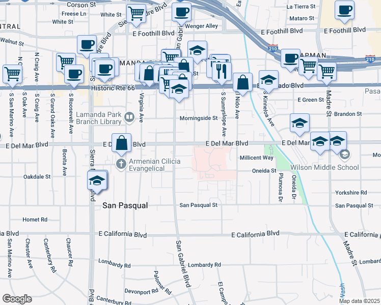 map of restaurants, bars, coffee shops, grocery stores, and more near 2765 Millicent Way in Pasadena