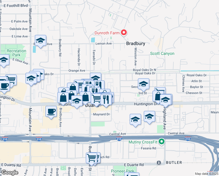 map of restaurants, bars, coffee shops, grocery stores, and more near 1000 Cabrillo Drive in Duarte
