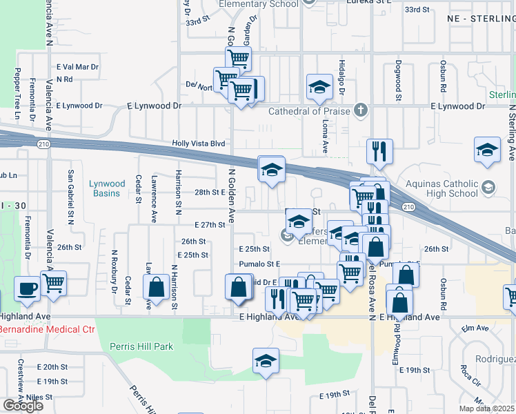 map of restaurants, bars, coffee shops, grocery stores, and more near 2746 Conejo Drive in San Bernardino