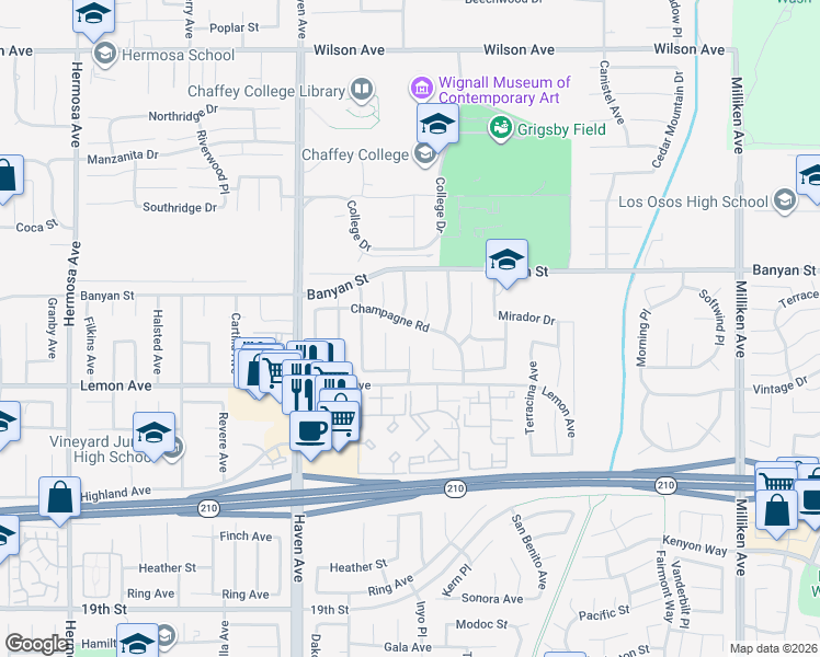 map of restaurants, bars, coffee shops, grocery stores, and more near 10707 Champagne Road in Rancho Cucamonga
