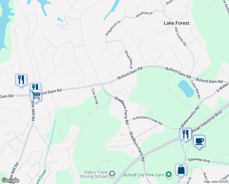 map of restaurants, bars, coffee shops, grocery stores, and more near 5620 White Road in Buford