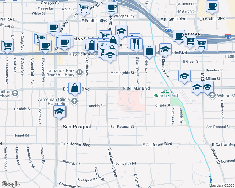map of restaurants, bars, coffee shops, grocery stores, and more near 2765 Millicent Way in Pasadena