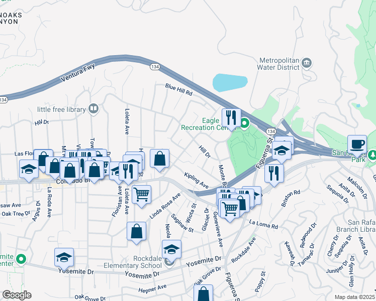 map of restaurants, bars, coffee shops, grocery stores, and more near 1330 Eagle Vista Drive in Los Angeles